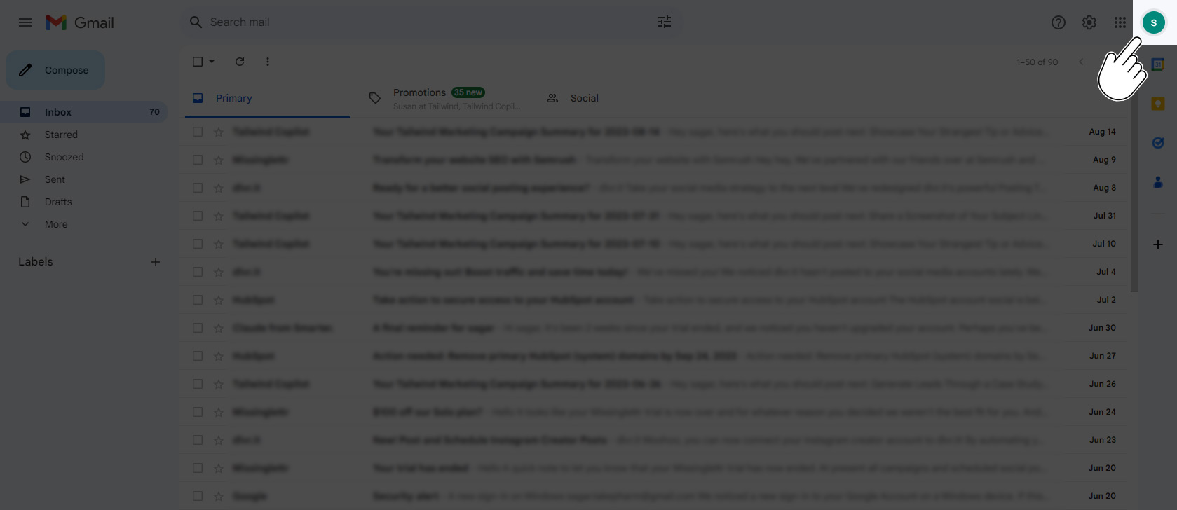 Gmail Profile Badge in the Upper Right Corner of the Screen