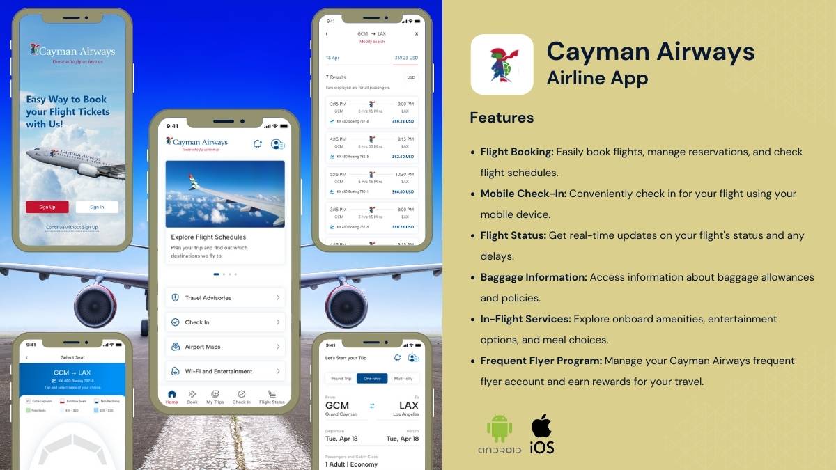 Cayman Airways mobile app, Airline app booking screen