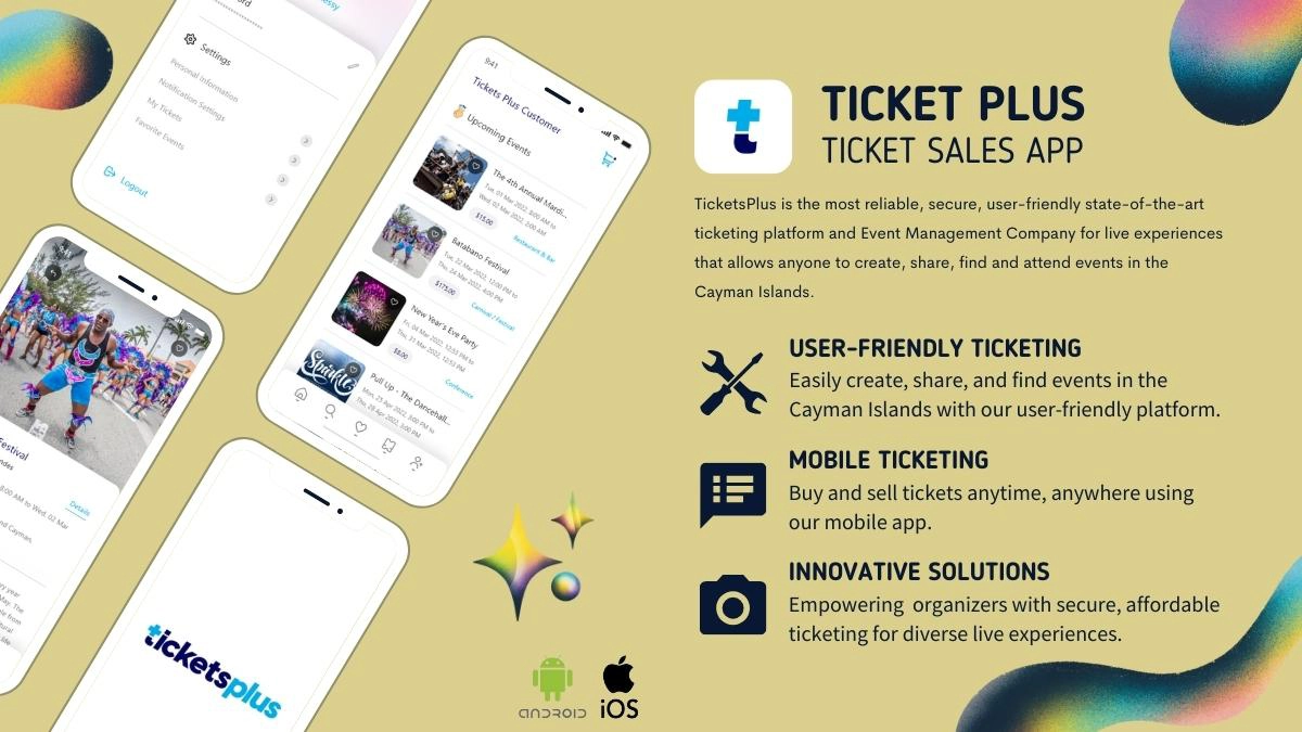 Ticket Plus event app interface, Download Ticket Plus on Google Play, Get Ticket Plus on the App Store