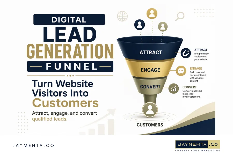 Lead Generation in Digital Marketing: Complete Business Guide Lead generation funnel showing website visitors becoming qualified leads and customers